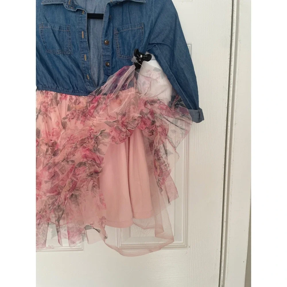 Pink & Violet 2 Pockets Girl 8 Denim Roll Tab Sleeves Flared Tutu Floral Dress